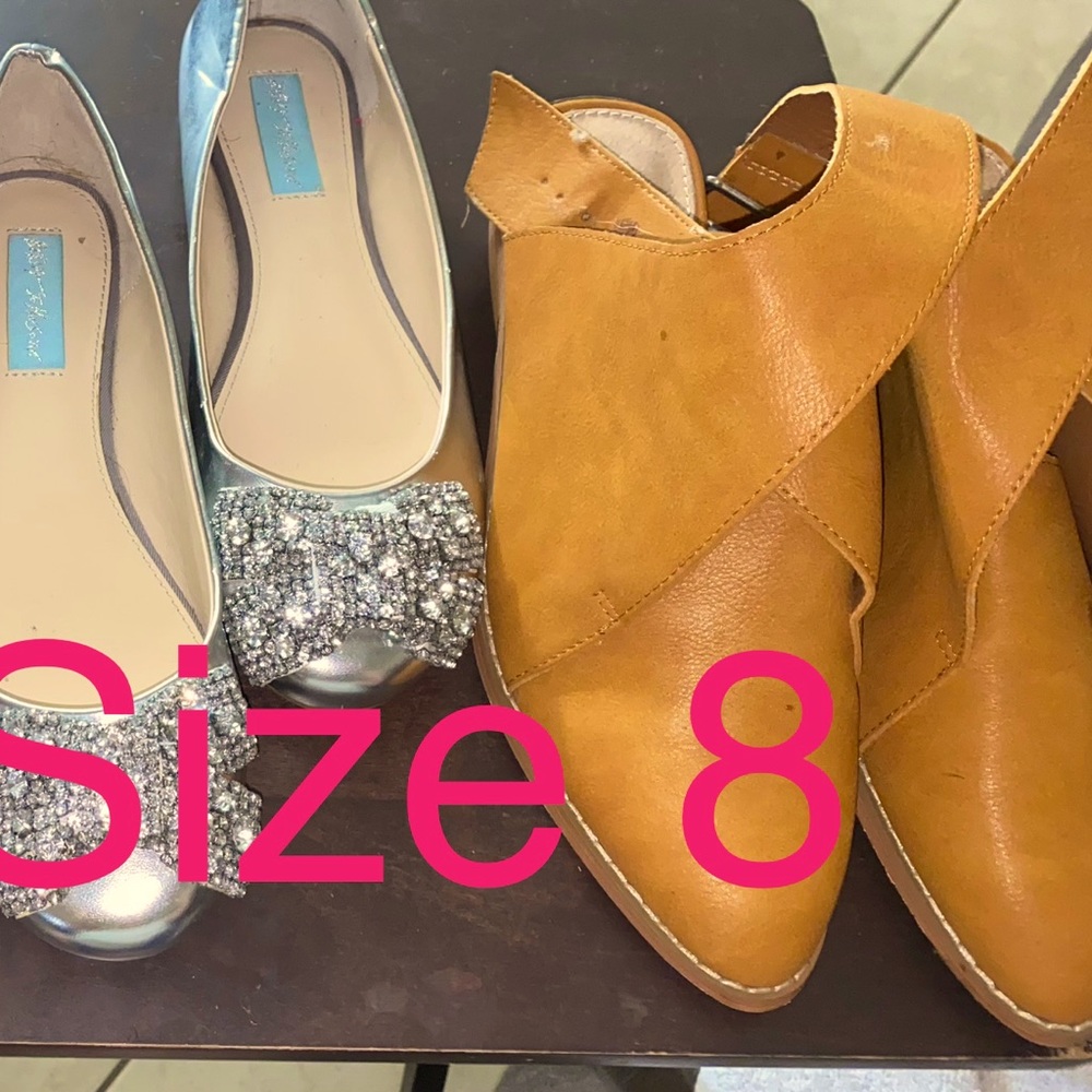 Betsy Johnson silver flats and tan buckle shoes